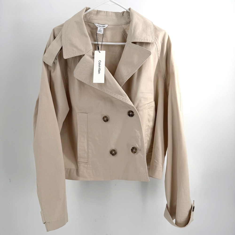 Calvin Klein Cropped Trench Jacket Women XL Sandshell Beige Double Breasted NWT
